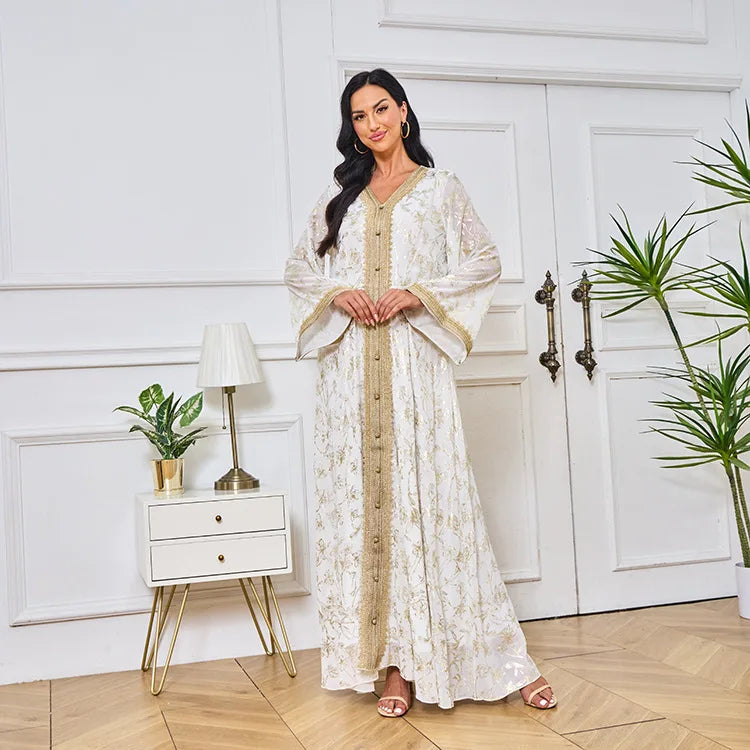 Latest Abaya Designs Luxurious Plain High Waist V-neck Printed Embroidery Lace Maxi Muslim Woman Dress Dubai for Women