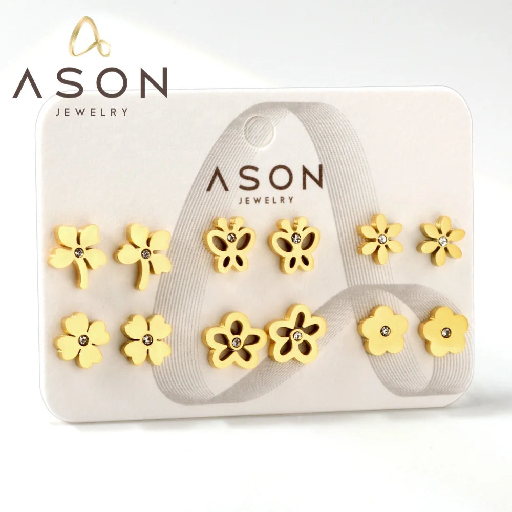 Ason Jewelry Exquisite Fashion 6 Pairs/card Stainless Steel Stud Earrings 18k Gold-plated Flower-shaped Diamond Earrings Set
