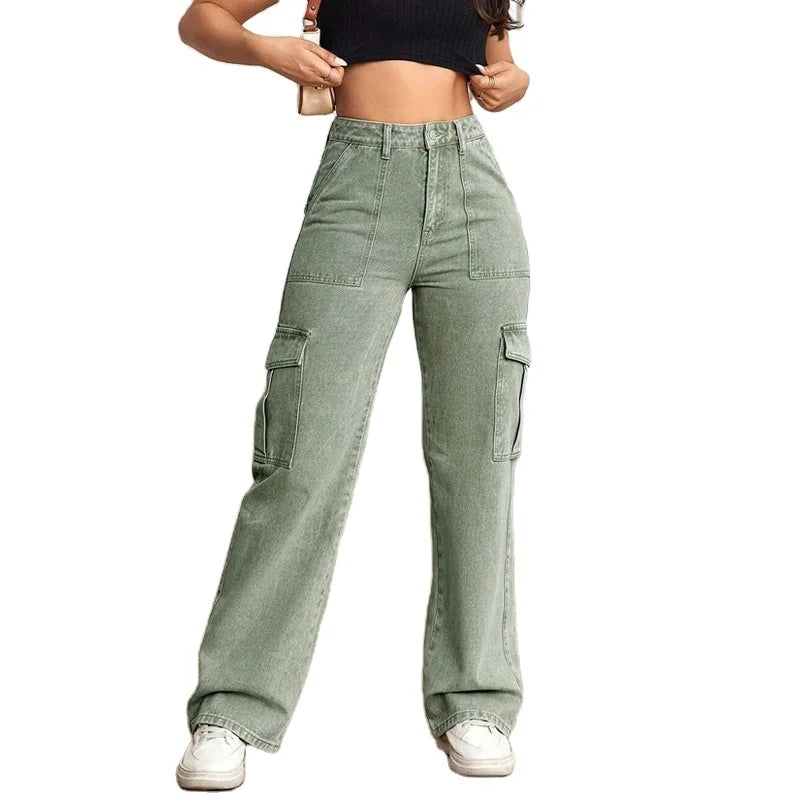 Mid Waist Flap Pocket Side Cargo Straight Style Casual Jeans Plus Size