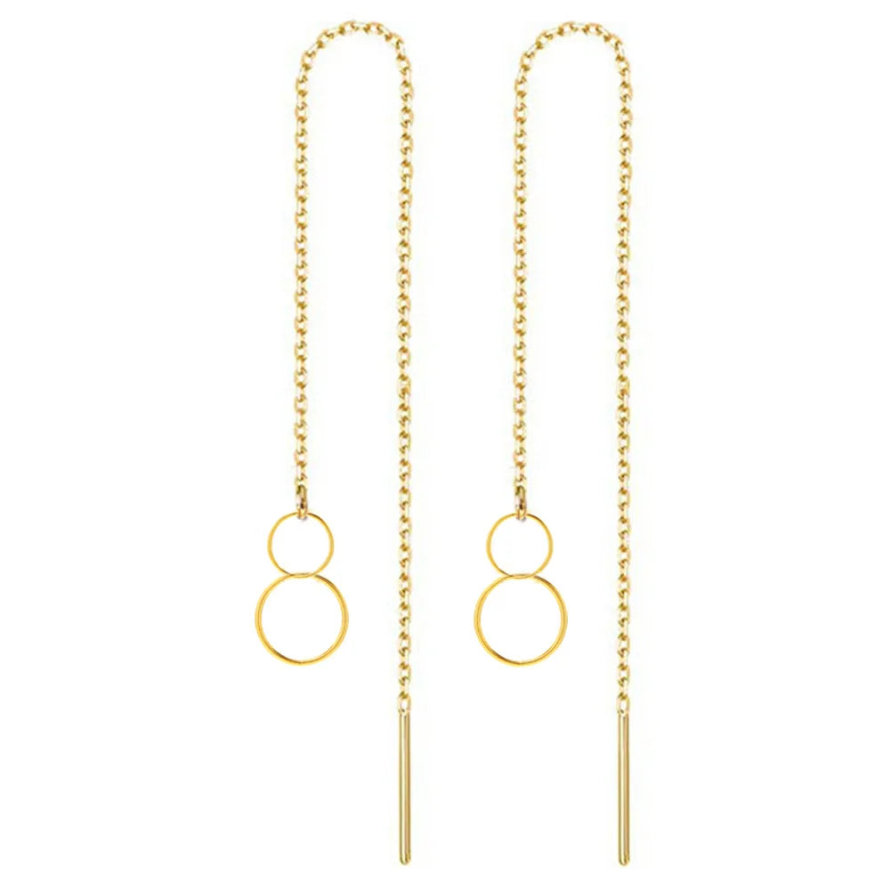 Irregular Geometric Roman 18k Gold Plated Double Circle Long Chain Drop Earrings