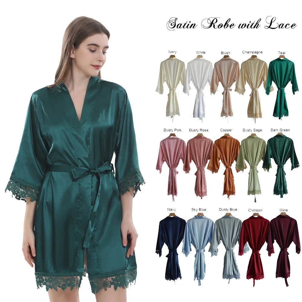 Hot Sale Three Quarter Sleeves Women and Children Same Color Lace Trim Bride Bridesmaid Silk Satin Robes