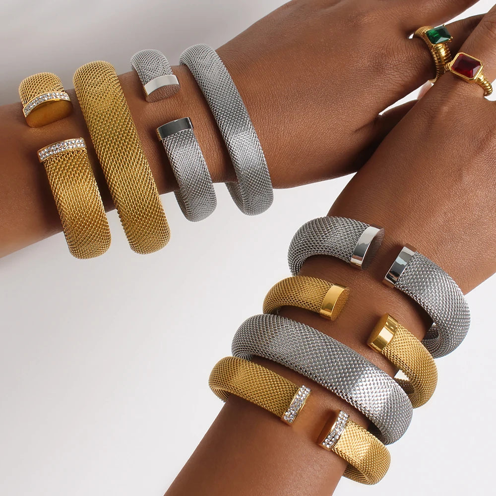 Stainless Steel Mesh Style C-shaped Open Bracelet Hip-hop Cuff Bangle for Women Personality Bracelet for Men