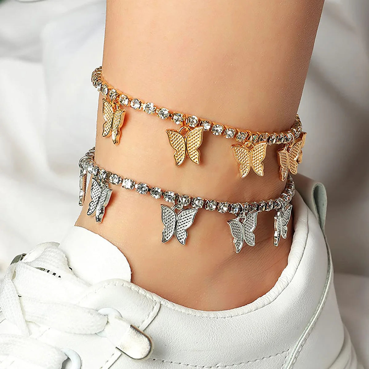 Luxury Bling Silver 18k Gold butterfly Anklet Summer Beach Girls Fashion Diamond Foot Jewelry Bijoux Bracelets Anklets for Women