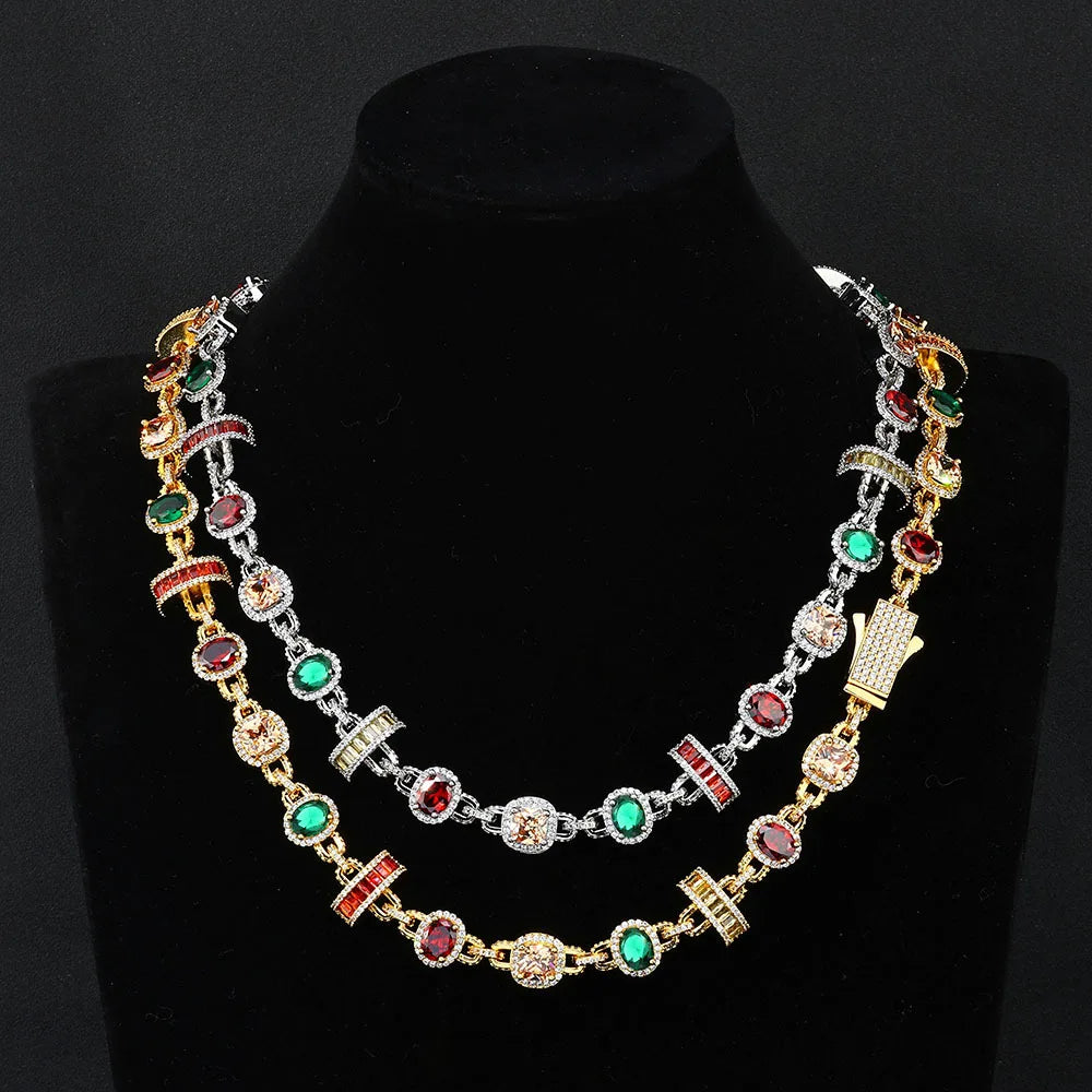 Hip Hop Luxury Jewelry Set Iced Out Baguette Diamond Link Bracelet Chain Set Men Women Rainbow Cubic Zirconia Gemstone Necklace