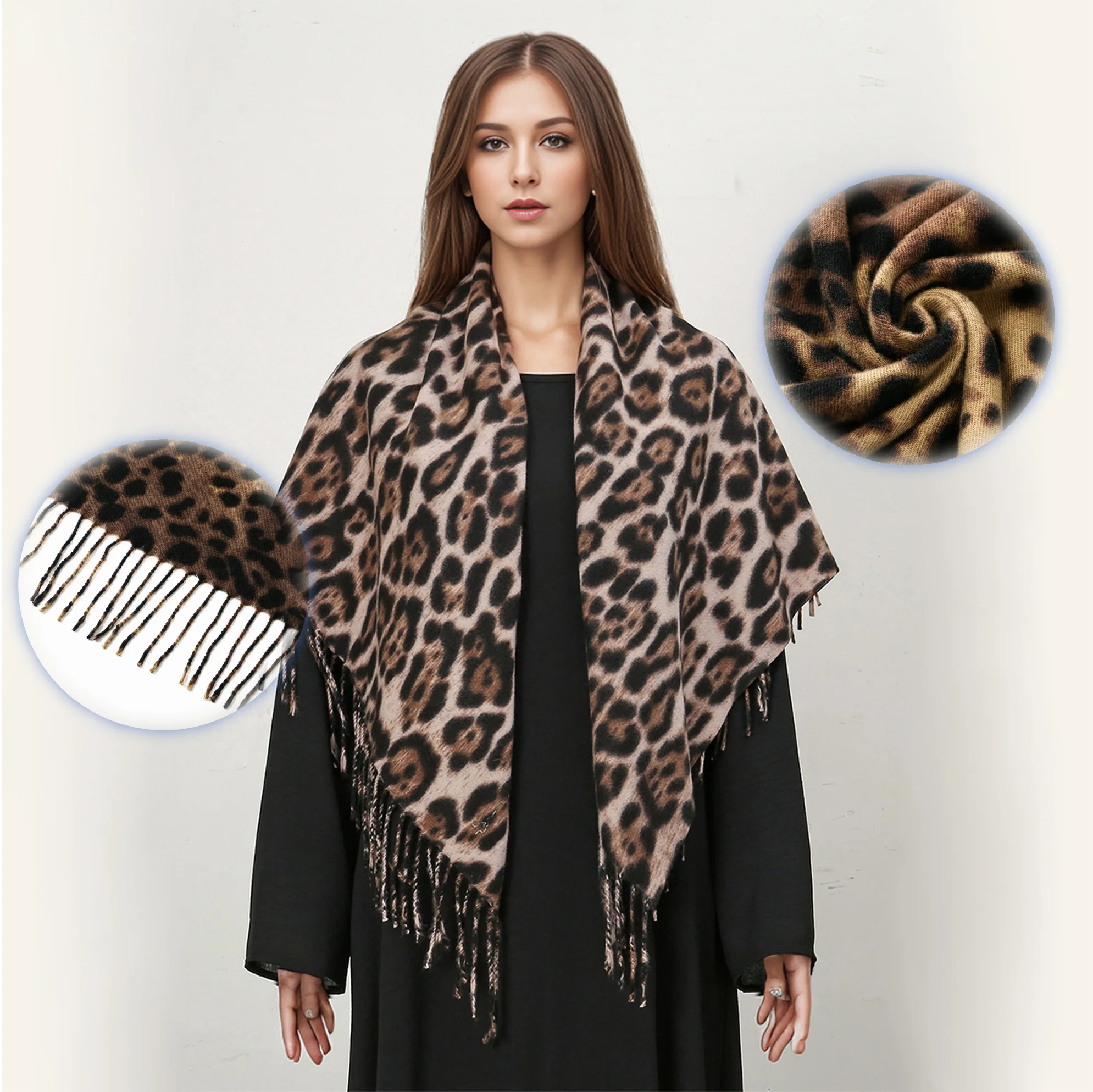 100*100cm LAVEN Winter Elegant Wraps Shawl Imitate Cashmere Shawls Leopard Printed Tassels Square Scarf