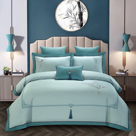 Customized Blue Floral Embroidery Duvet Cover king Size Satin 100% Cotton Green Bed Sheet Bedding Set Supplier