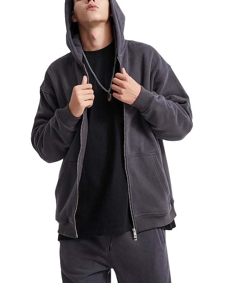Wholesale 400gsm 100% Cotton Fleece Winter Men's Full Double Zip No Drawstring Hoodie OEM Service Black Zip Puff Printed Hoodie