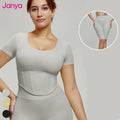 Janya Women Running Sport Wear Plus Size Fixed Pads Mesh Patchwork Yoga Shirt + Antibacterial Pockets Biker Shorts Yoga Set MegaBDM