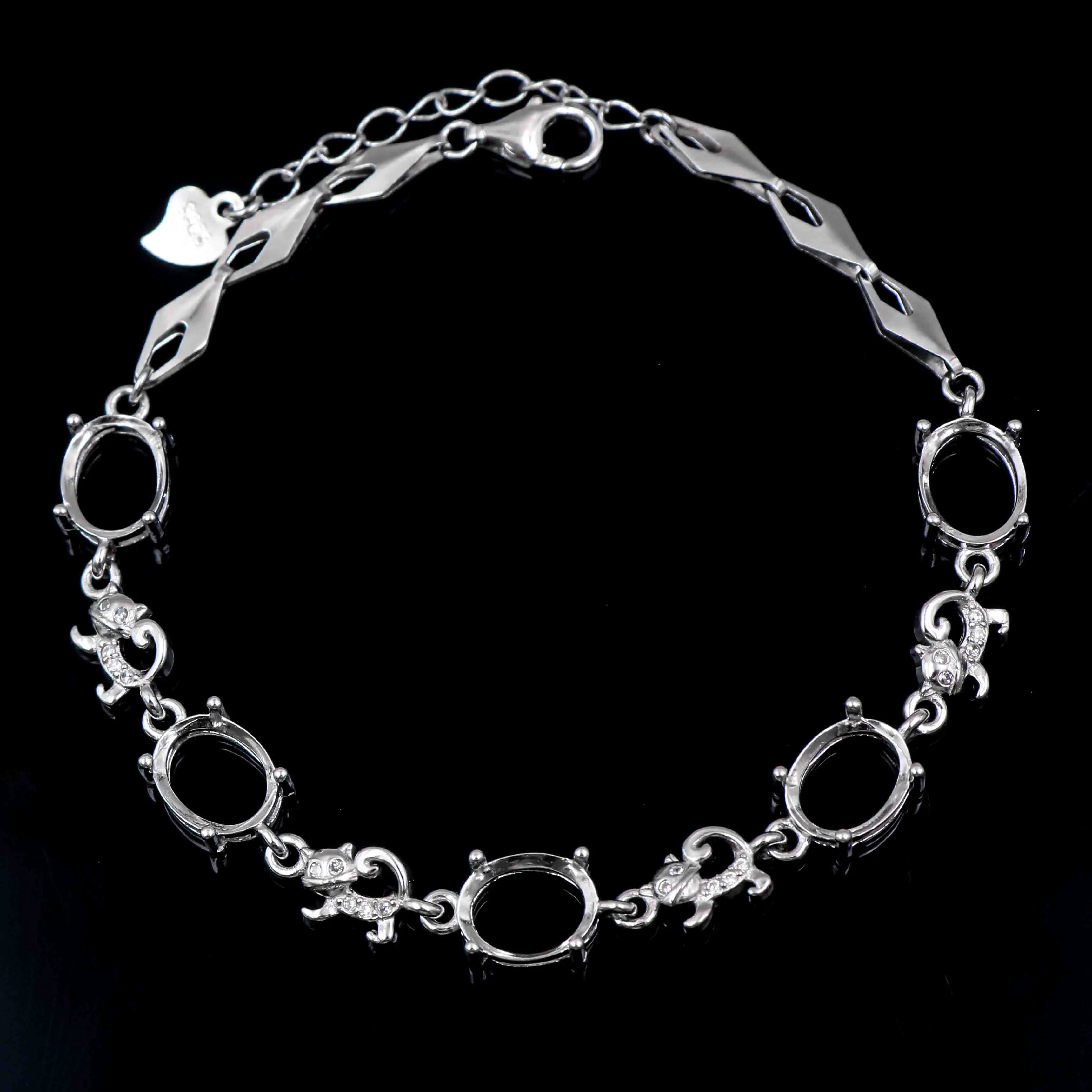 Sterling Silver 7*9mm Semi Mount Bracelet Empty Support Blank Claws Setting S925 Base Holder Without Center Stone Inlay for DIY