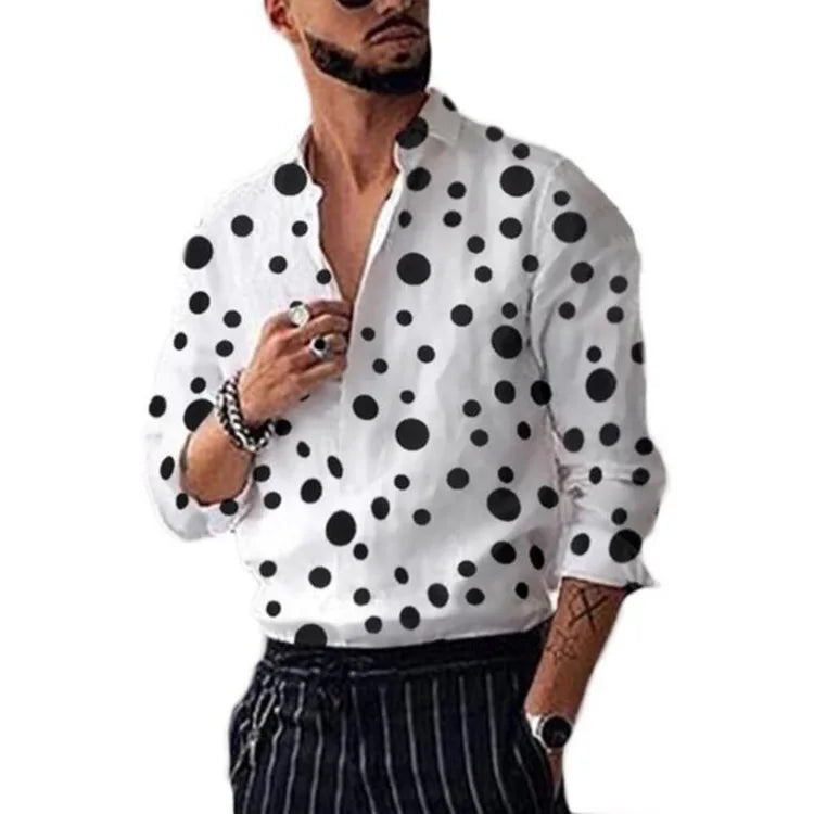 Fashion Mens Black Long Sleeve Shirts Casual Button Down Shirts Tops Polka Dot Printed Handsome Blouse