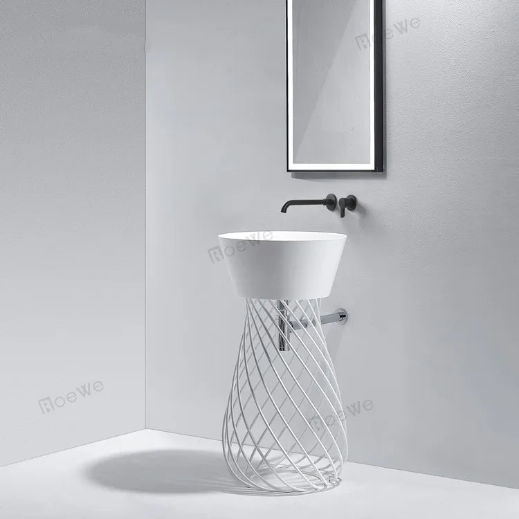 Bathroom Solid Surface Freestanding Pedestal Sink White Resin Stone Floor Standing Wash Basin Composite Hand Washing Basins