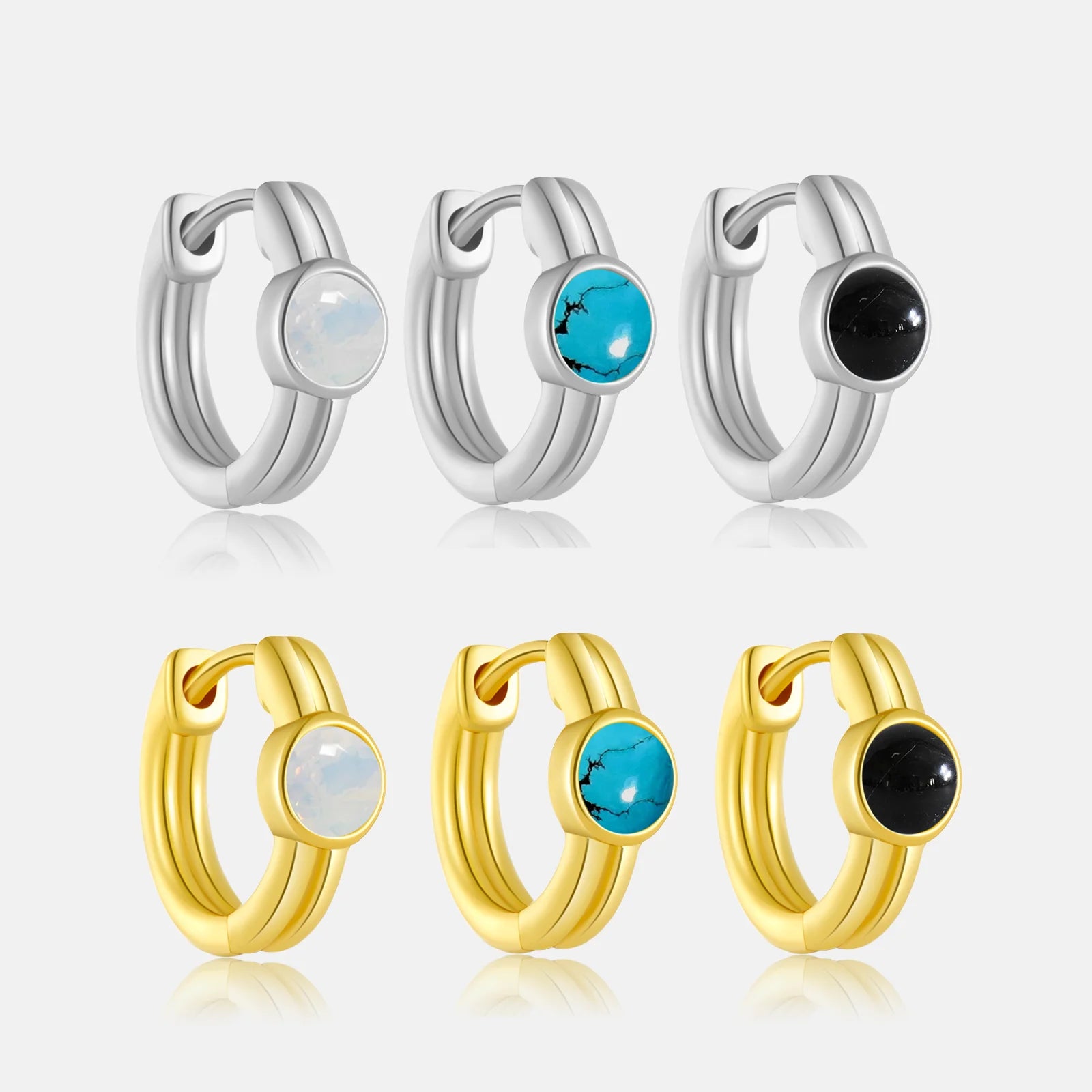 FUAMAY Trendy 925 Sterling Silver Gold Plated Huggie Earrings Solitaire Black Agate Turquoise Moonstone Gift