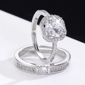 Diamond Couple Open Adjustable Ring Silver Plated Platinum Wedding Rings for Couples Set and Engagement