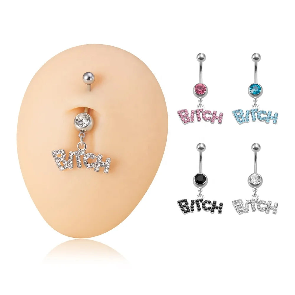 Hot Sale Rhinestone Letter Design Fashion Women Belly Ring Stainless Steel Barbell Dangling Navel Ring Body Piercing Jewelry