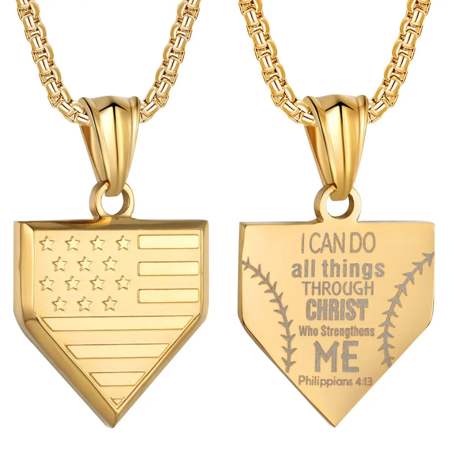 Personalized Inspirational Patriotic Baseball Home Plate USA Flag Shield Pendant Stainless Steel Chain Necklace for Boys Men