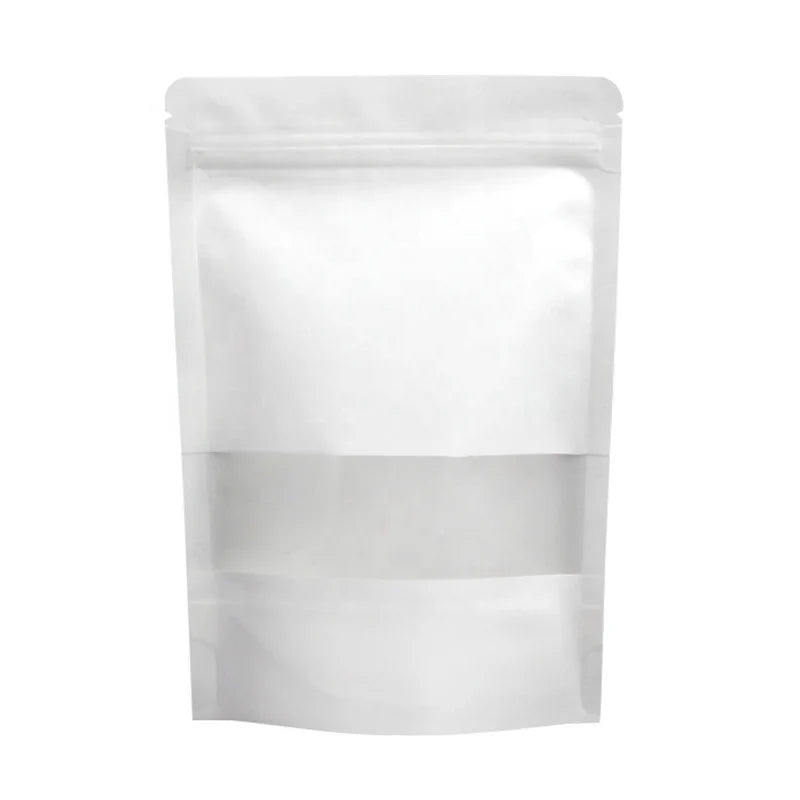 White Kraft Paper Bags With Window Reusable Stand up Zip Lock Pouches Kraft Paper Packaging Food Storage Bags Customized Logo