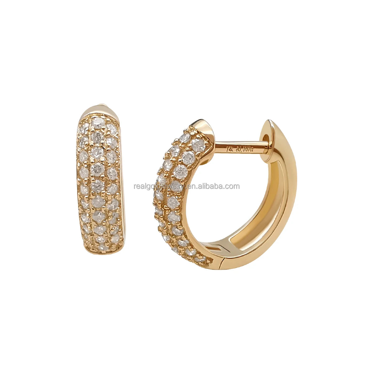 Trendy Hoop Earring 14K Solid Gold Real Diamonds Paved Huggie Earrings