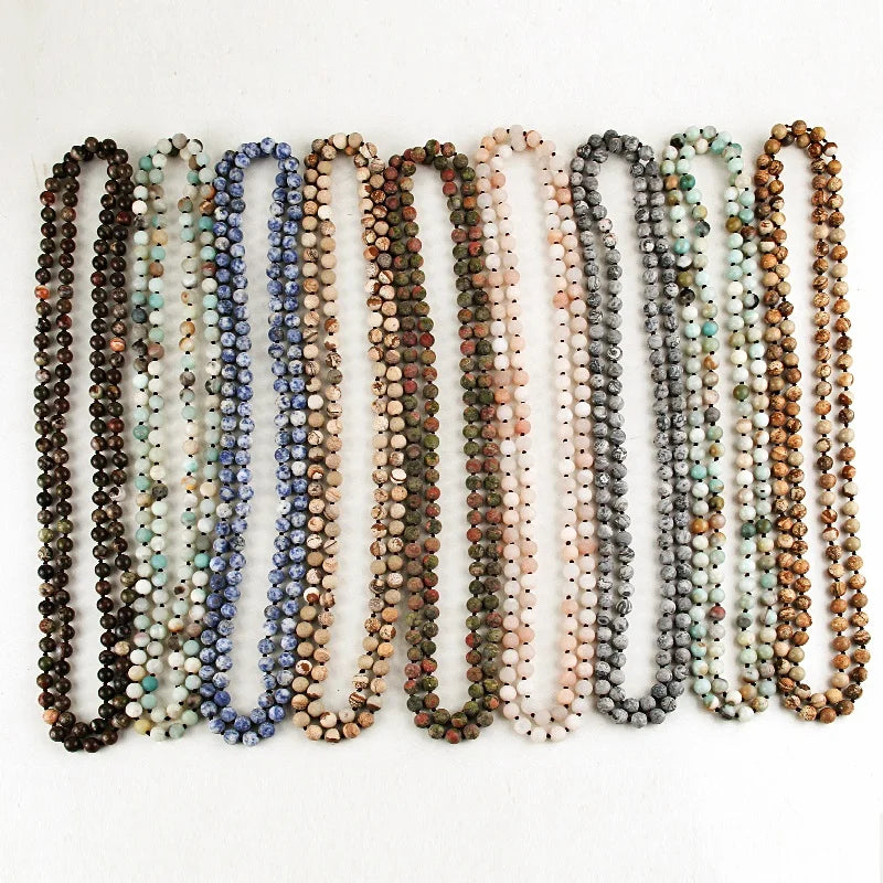 New Women Gemstone Amazonite Matt Natural Stone Necklace 8mm 145-150cm Knotted 9 Colours Natural Stone Long Double Wrap Necklace
