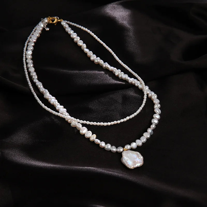 Real Baroque Fresh Water Pearl Necklace Choker Jewelry Fine 18K Gold Stainless Steel Layer Rice Shape Big Pendant for Women