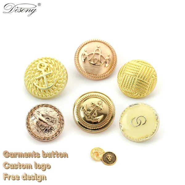 Custom 14-28mm Embossed Zinc Alloy Blazer Coat Button Gold Plated Metal Shank for Suit Jacket Jeans Denim Garments Logo