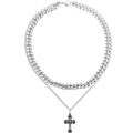 Hip Hop Rock Stainless Steel Unisex Double Lay Layer Cuban Link Chain Gold Plated Christian Vintage Cross Necklace