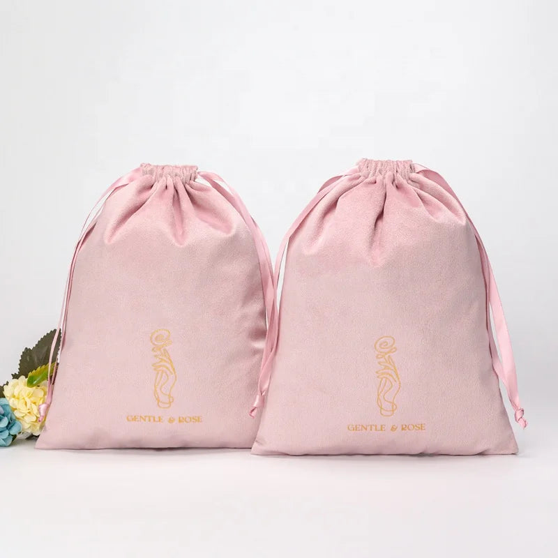 Professional Custom Printed Drawstring Jewelry Bags Pink Velvet Pouch Bag With Rope