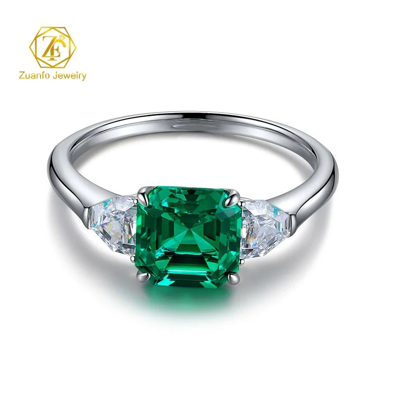 Lab Grown Emerald Ring 925 Sterling Sliver Customized Emerald Gemstone Moissanite D VVS Lab Grown Emerald Fine Rings