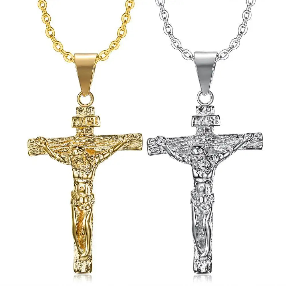 Christian Mens Stainless Steel Gold Plated Jesus Necklace Cross for Prayer God Bless Us