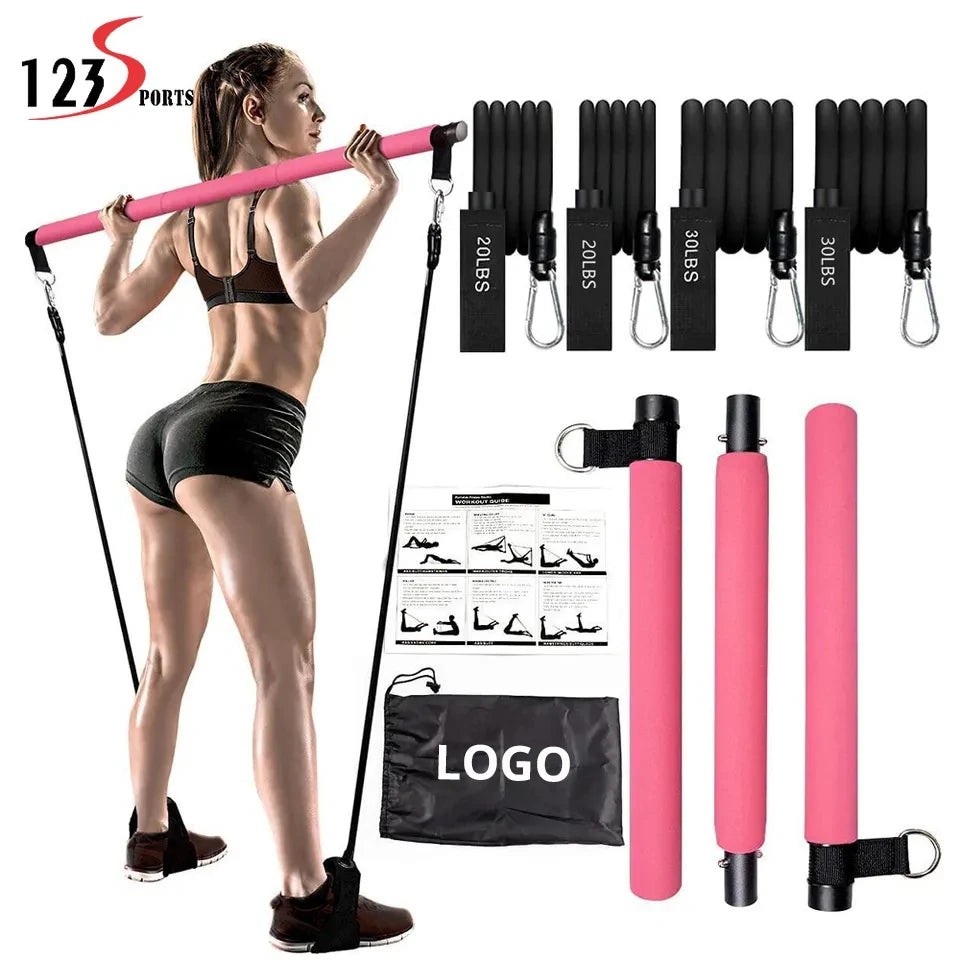 Home Gym Workouts Stainless Steel Stick Squat Yoga Pilates Flexbands Kit Pilates Bar Kit With Resistance Bands