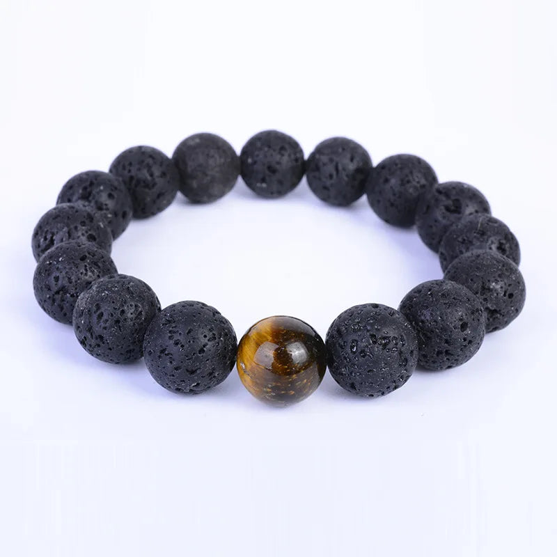 Natural Stone Black Lava tiger Eye Stone Beaded Men Bracelet
