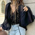 Enyami Chiffon Fabric Lantern Long See Through Sleeve Loose Casual Daily V-Neck Shirt Casual Lace up Fashion Lady Blouse