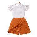Wholesale Summer Children Girl Clothes Set Ribbed Knit Ruffle Sleeve Top and Pearl Studded Skort Girls Princess Outfits Suit