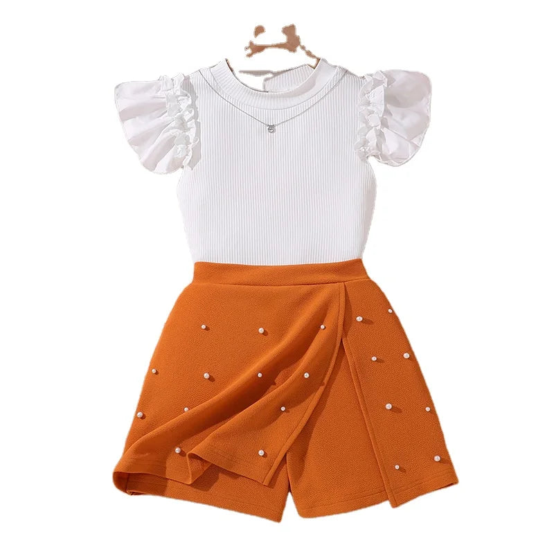 Wholesale Summer Children Girl Clothes Set Ribbed Knit Ruffle Sleeve Top and Pearl Studded Skort Girls Princess Outfits Suit