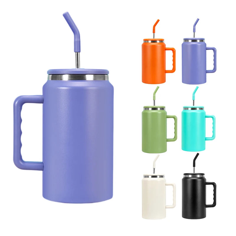 Stainless Steel Double Wall New Style 50oz Powdered Coated Coffee Mugs with Lid Handle Detachable Straw  for Camping Cups