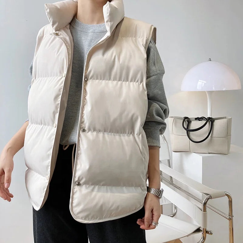 Fashion Cotton Vest Women's 2023 Spring Stand Collar Single Breasted Sleeveless Loose Solid Color Waistcoat 5E4841