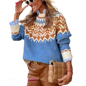 Wholesale 2026 New Design Western Fashion Geometric Print Ribbed Trim Pullover Sweater Women