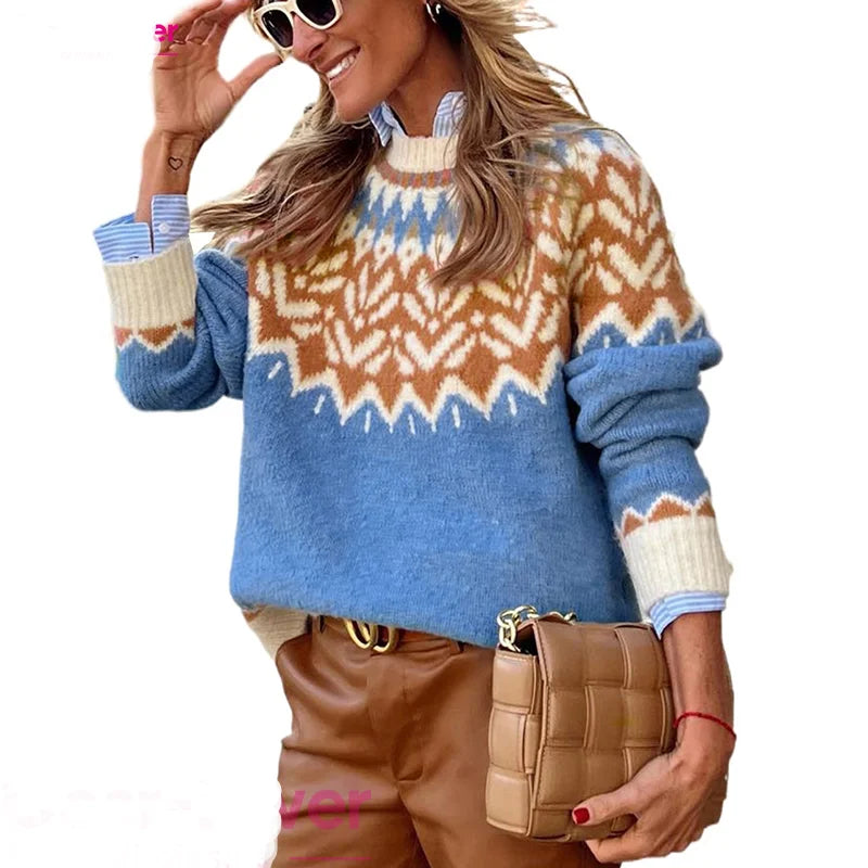 Wholesale 2026 New Design Western Fashion Geometric Print Ribbed Trim Pullover Sweater Women