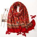 Women's Red Cashew Print Boho Style Scarf Ethereal Cotton Linen Beach Shawl with Tassels for Autumn