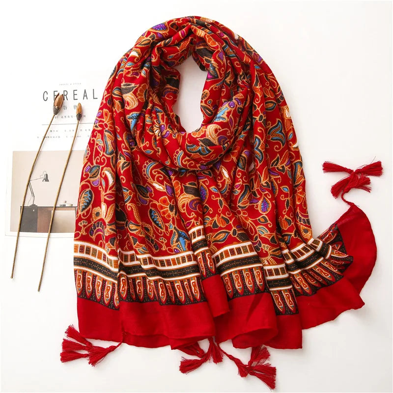 Women's Red Cashew Print Boho Style Scarf Ethereal Cotton Linen Beach Shawl with Tassels for Autumn