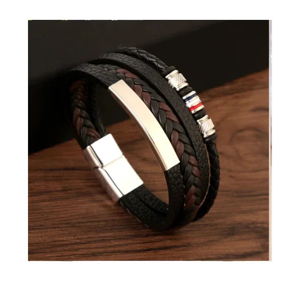 Hot Selling Handmade Braided Multilayer Leather Bracelet With Magnetic Buckle Woven Leather Bracelet for Men