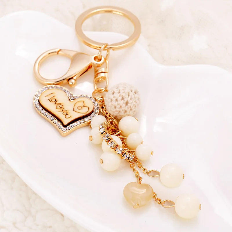 Dainty Acrylic Beads Metal Letter I Love You Heart Key Ring Wooden Love Heart Keychain for Couple Gift