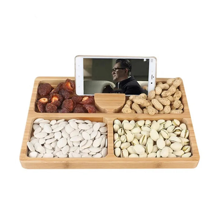 Bamboo Dried Fruit Tray Household Divided Tray with Mobile Phone Holder Tray