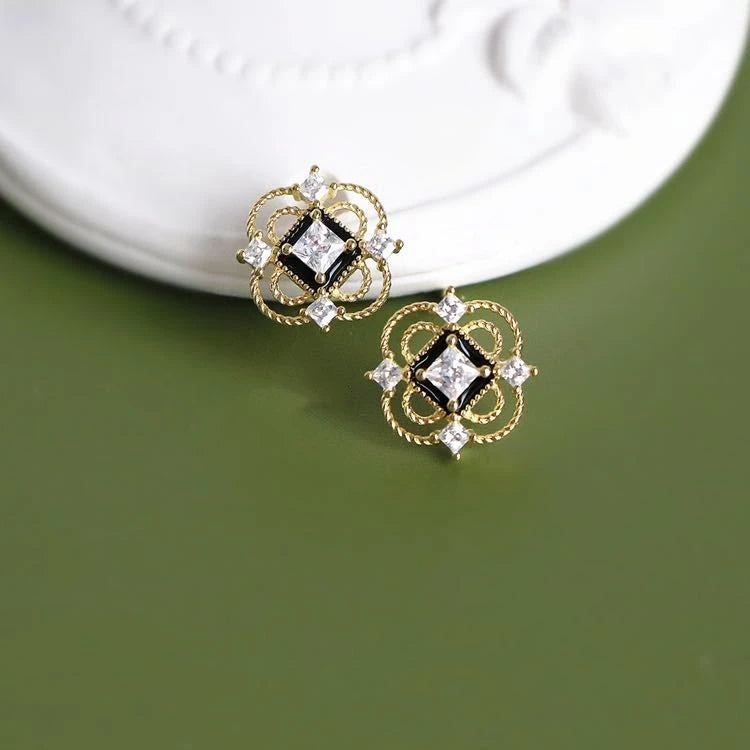 Gold Plated Black Enamel Elegant Silver Jewelry Fashion French Stud Earrings