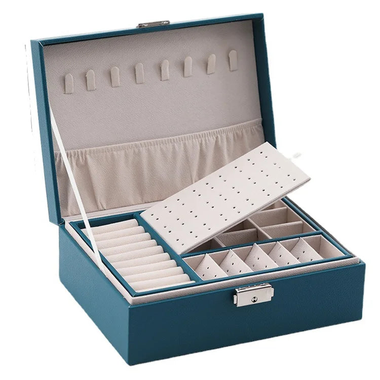 In Stock New Double Layer Lock Wooden Leather Jewelry Box Earrings Large Jewelry Box Wholesale