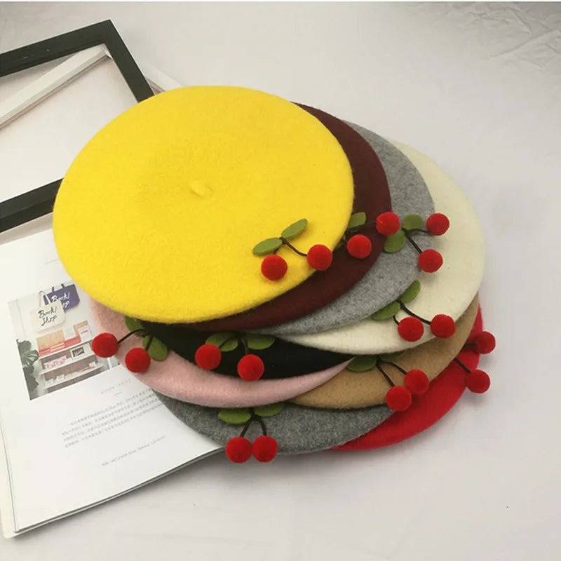 Women's Adjustable Polyester Beret Cap Fresh Sweet Cherry Novelty Artist Hat for Daily Casual Party Outdoor Use Breathable Sun