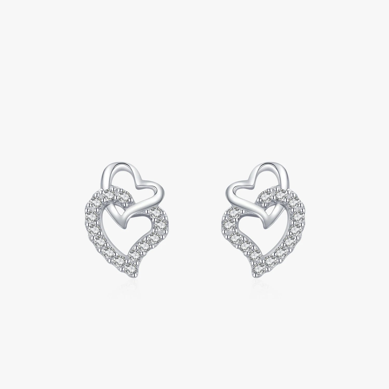 Ailmay Top Quality Real 925 Sterling Silver Fine Sparkling CZ Two Hearts Stud Earrings for Women Statement Jewelry Gift