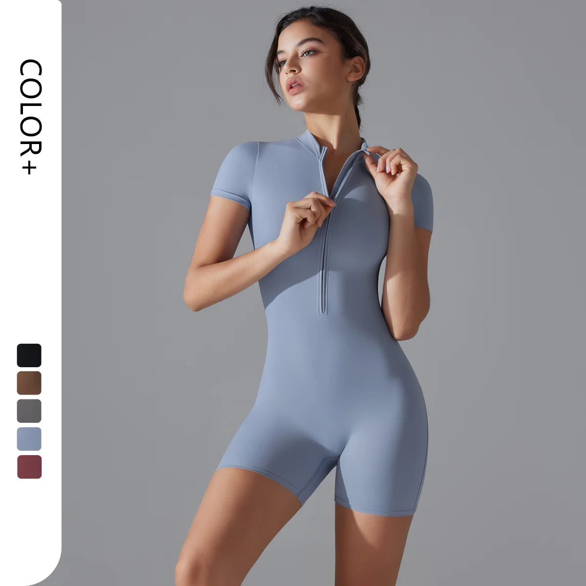 Wholesale Gym One Piece Yoga Romper Zipper Short Sleeve Fitness Jumpsuit for Women