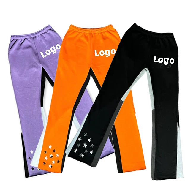 Streetwear Customized Logo Patchwork Graphic Casual Elastic Waist Joggers Stacked Sweatpants Polyester/Cotton Terry Flare