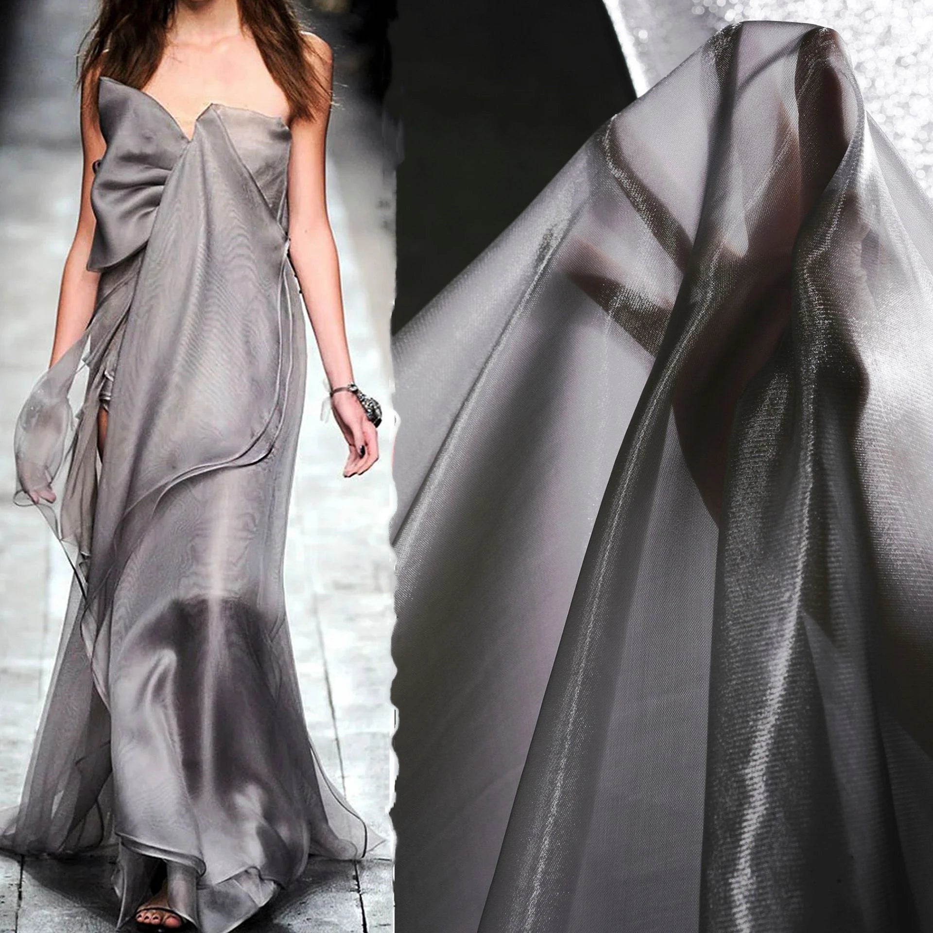 Polyester Tessuto in Raso Organza Transparent White Luxury Glossy Metallic Liquide Satin Fabric Wedding  for Dress or Blouses