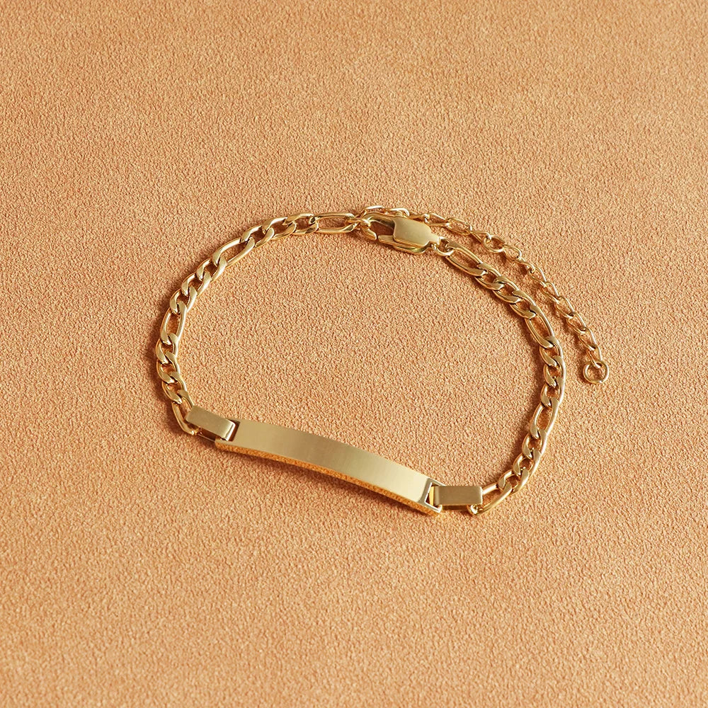 Customizable 18K Gold Plated Dainty Figaro Chain Bracelet Trendy Stainless Steel Blank Plate for Kids and Adults Anniversaries